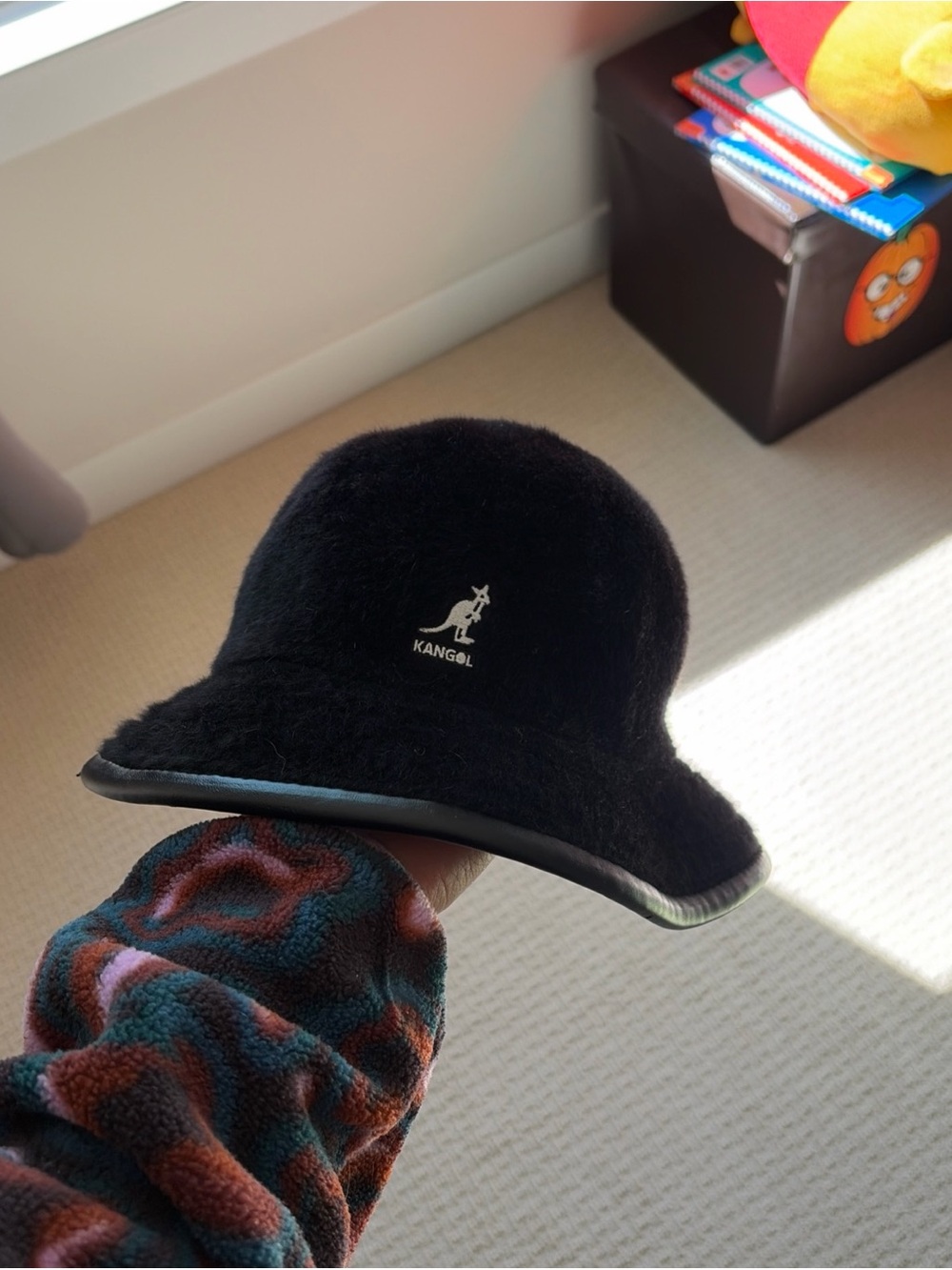 Kangol Black Angora Faux-Fur Bucket Hat with Logo